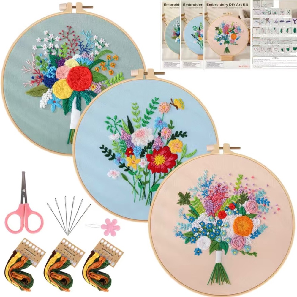 Floral Embroidered DIY Art Set of 3